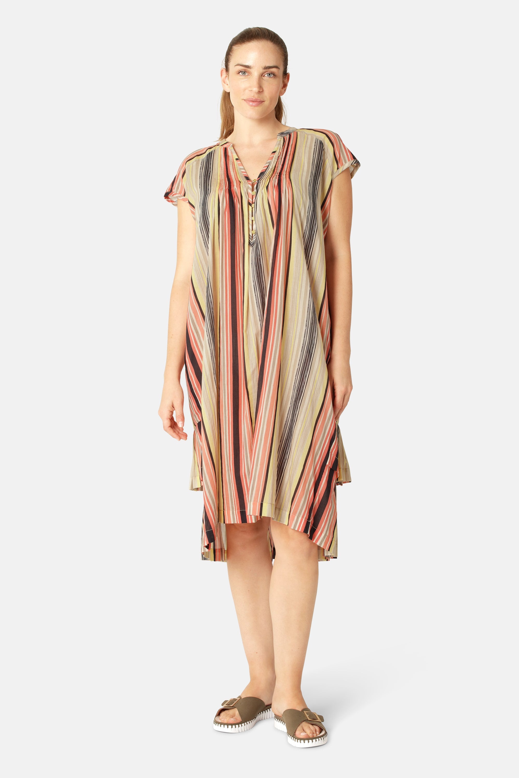 Lang Kjole med Korte Ermer Pintuck - Red Organic Stripe